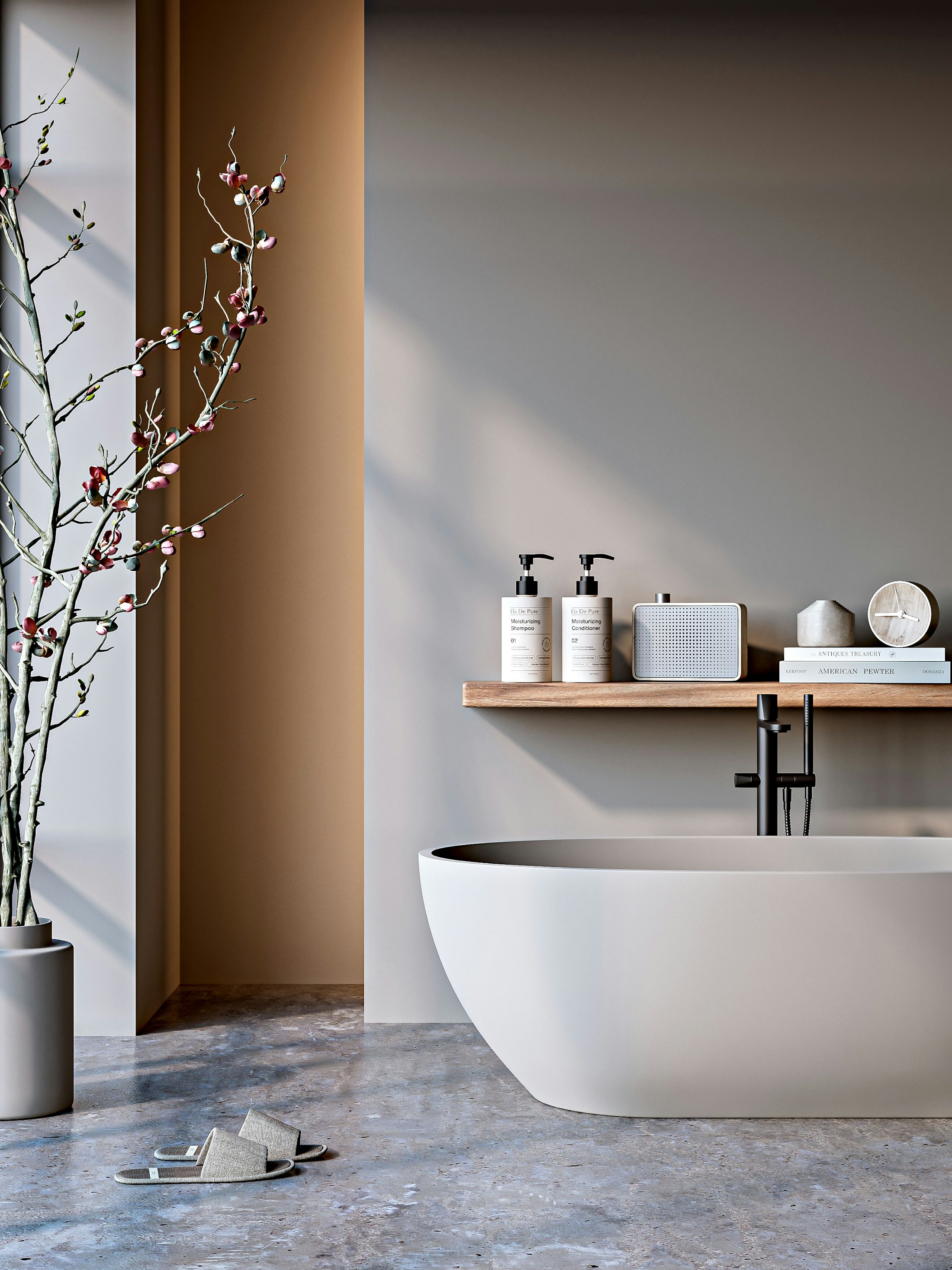 Ljust och elegant badrum med moderna detaljer och mjuk naturlig känsla